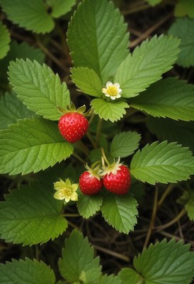 Fresh strawberries growing among green leaves
