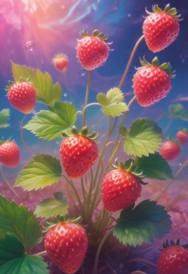 Vibrant strawberries growing in a lush garden