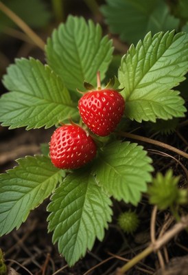 Fresh strawberries growing on vibrant green leaves