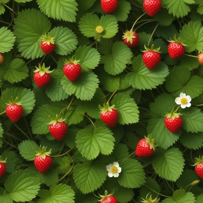 Fresh strawberries growing in a lush garden setting