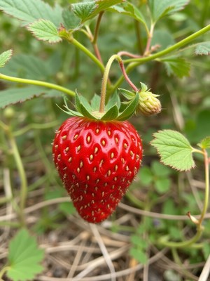 Freshly ripened strawberry growing in a garden patch