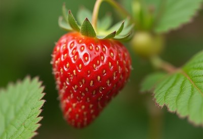 Fresh ripe strawberry growing in a garden setting