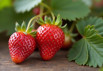 Fresh strawberries on wooden surface in natural setting