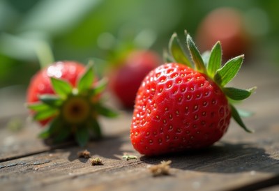 Fresh strawberries on wooden surface in sunlight