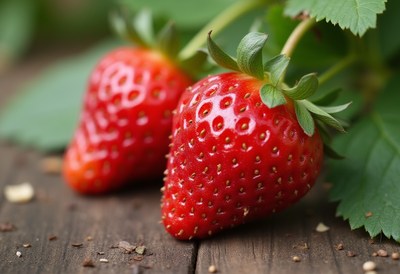 Fresh strawberries on wooden surface with green leaves