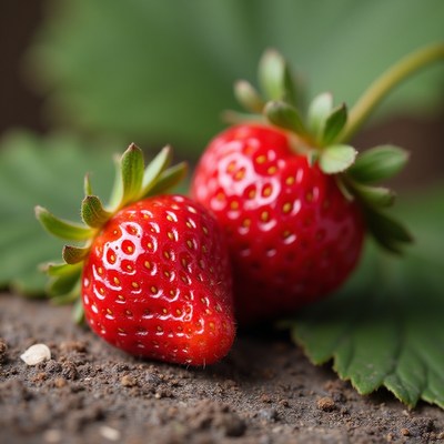 Fresh strawberries on soil background in natural setting