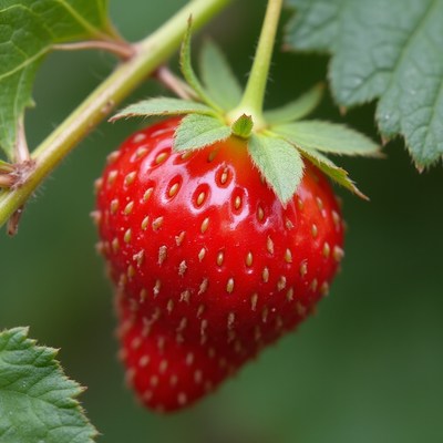 Fresh red strawberry growing on green plant stem