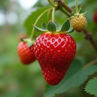 Fresh strawberries growing on a plant in springtime