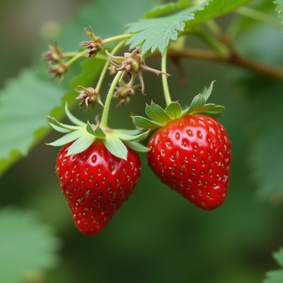 Fresh strawberries hanging on green plant in sunlight