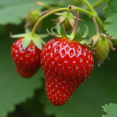 Fresh ripe strawberries growing on the vine in summer