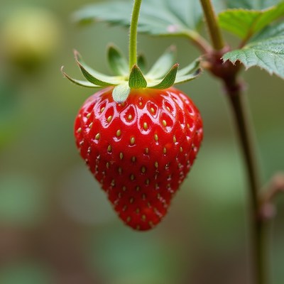 Freshly ripened strawberry hanging on a green plant