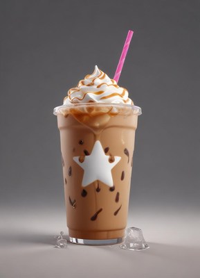 Refreshing coffee beverage served in clear cup with toppings