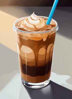 Delicious iced coffee topped with whipped cream and syrup