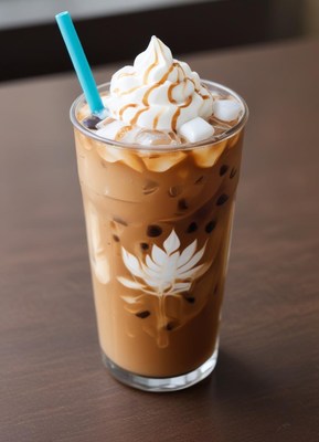 Delicious iced coffee topped with whipped cream and syrup