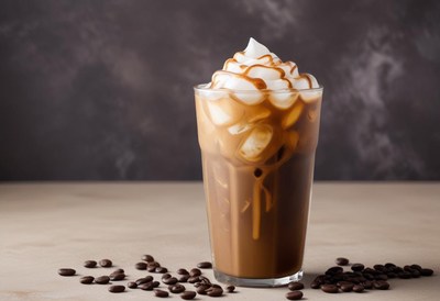 Iced coffee topped with cream and caramel in a glass