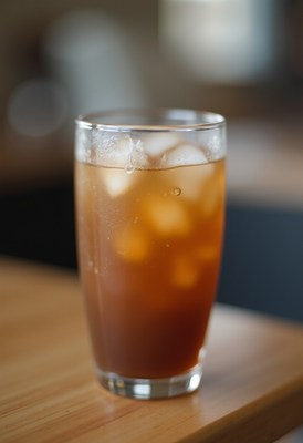 Refreshing iced tea in glass on wooden table