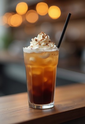 Creamy iced coffee dessert with whipped topping and drizzle