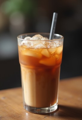 Refreshing iced coffee with straw on wooden table