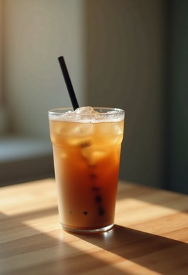 Refreshing iced beverage on a wooden table indoors