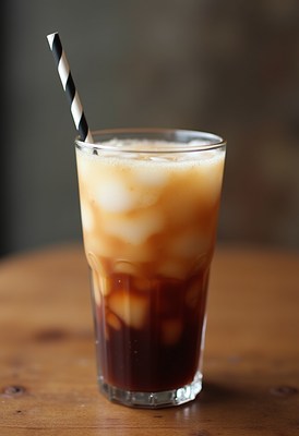 Iced coffee served in a tall glass with a striped straw
