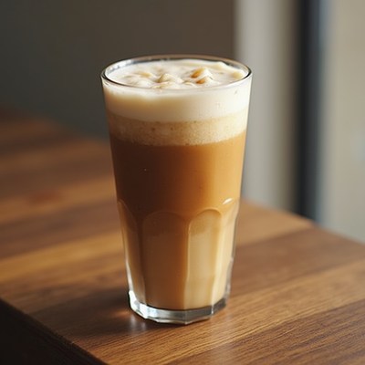 Iced coffee served in a clear glass on a wooden table