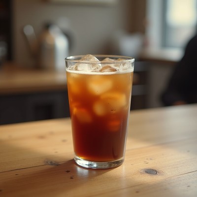 Refreshing iced beverage in a cozy cafe setting