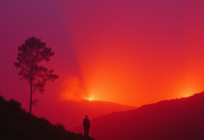 Dramatic sunset view of mountains with glowing lava activity