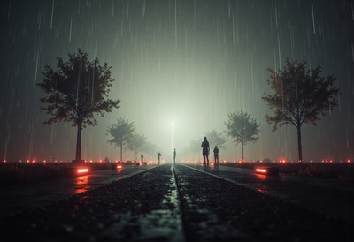 Rainy night walk with silhouettes under glowing lights