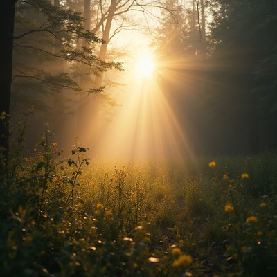 Morning sunlight filters through trees in a serene forest