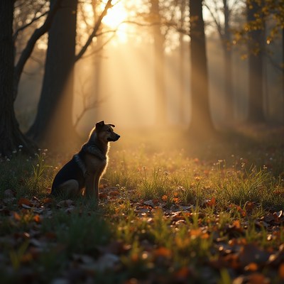 Dog in the forest during golden hour light