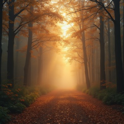 Misty forest path illuminated by autumn sunlight