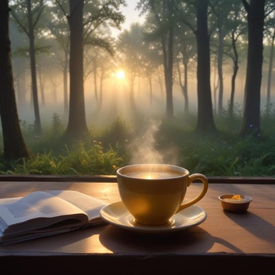 Morning coffee while watching sunrise in a misty forest