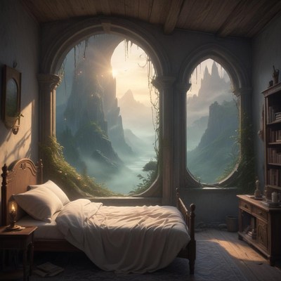 Tranquil bedroom overlooking a serene mountain landscape