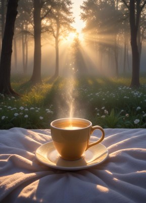 Morning coffee in a misty forest at sunrise