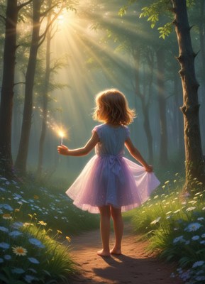 Girl with magic wand in a sunlit forest path
