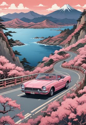Pink convertible driving along cherry blossom-lined road