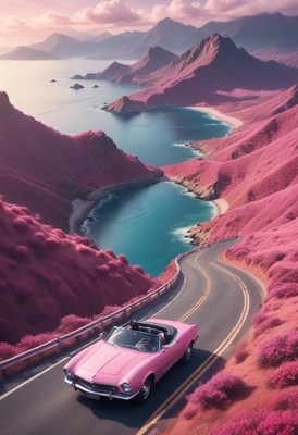 Scenic drive in a pink convertible through vibrant mountains