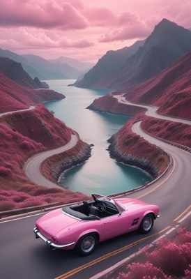 Pink convertible navigates mountain roads