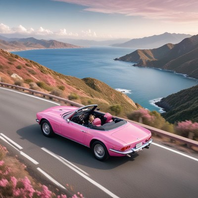 Classic pink convertible cruising along coastal road