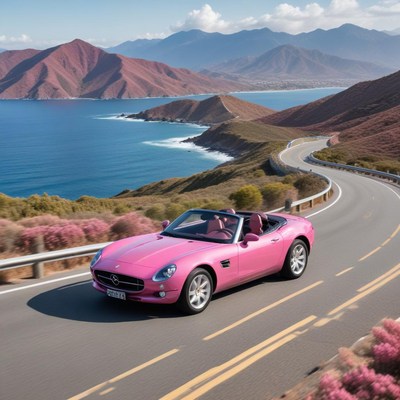 Scenic coastal drive with a pink convertible car