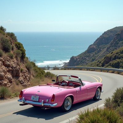 Bright pink convertible driving along coastal highway