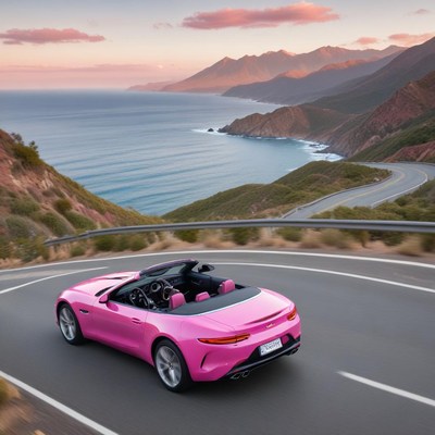 Convertible sports car on coastal highway at sunset