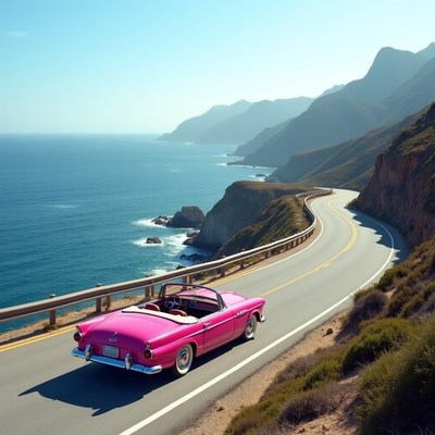 Classic convertible drives along scenic coastline
