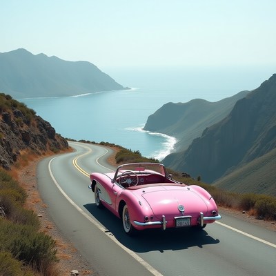 Classic pink convertible drives along coastal highway