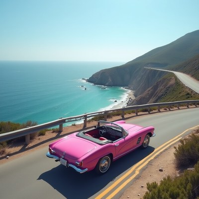 Classic convertible drives along scenic coastal road