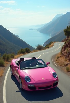 Bright pink convertible drives along coastal road