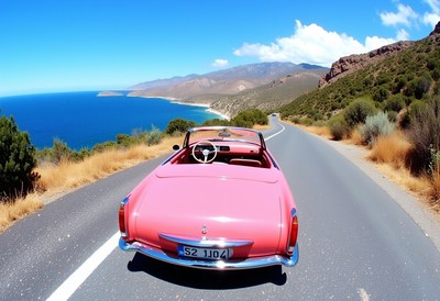 Vintage car driving along coastal road in sunny weather