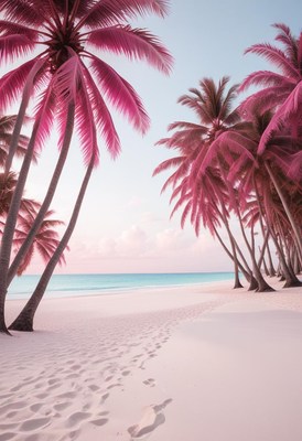 Tropical beach with pink palm trees and serene sea view