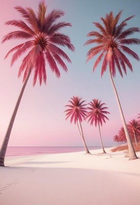 Tropical beach with palm trees at sunset in vibrant colors