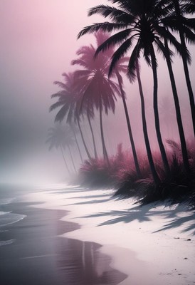 Sunset beach landscape with palm trees and fog